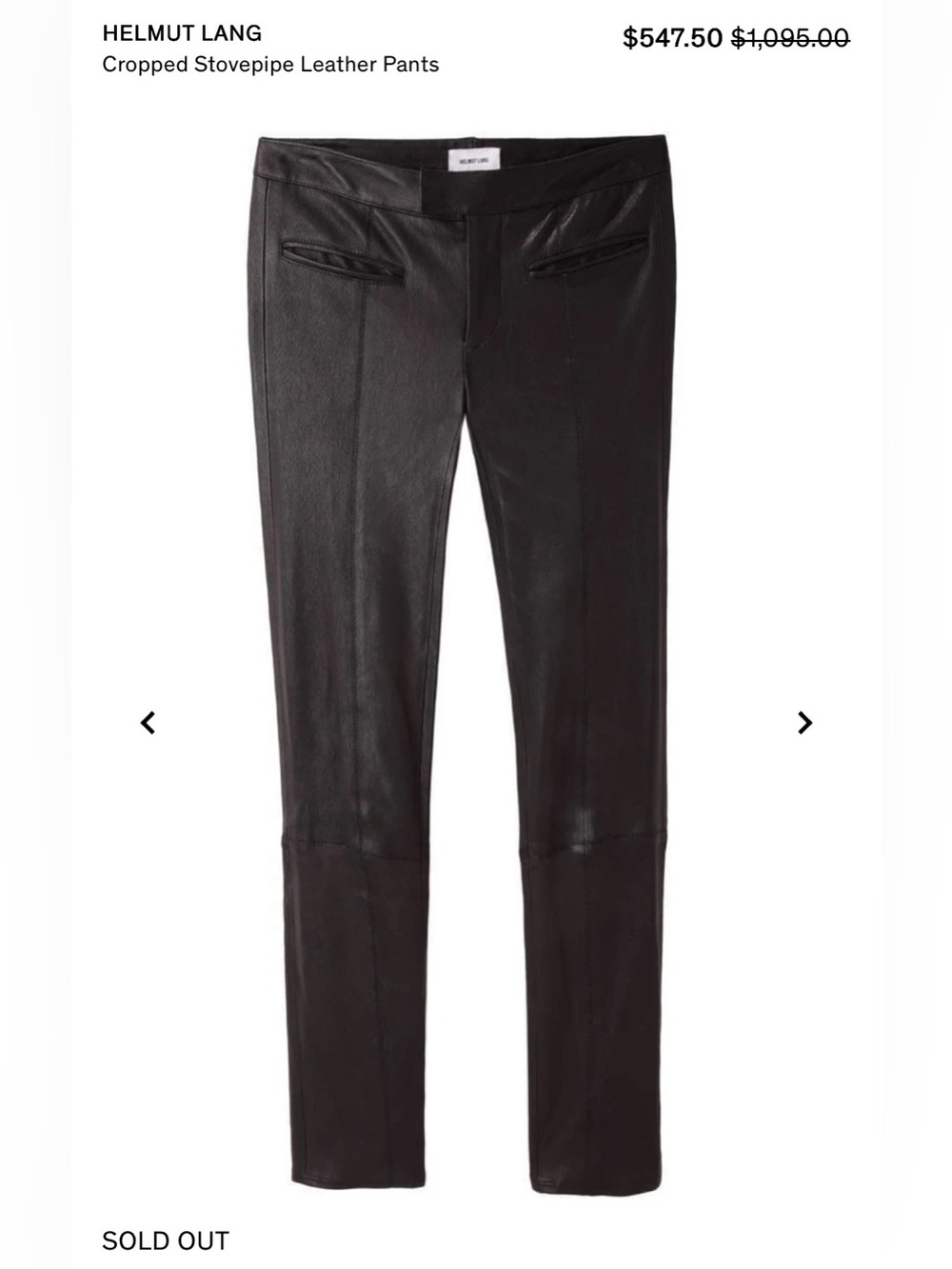 Helmut Lang Black Cropped Stovepipe Leather Pants size 6 RETAIL $1095